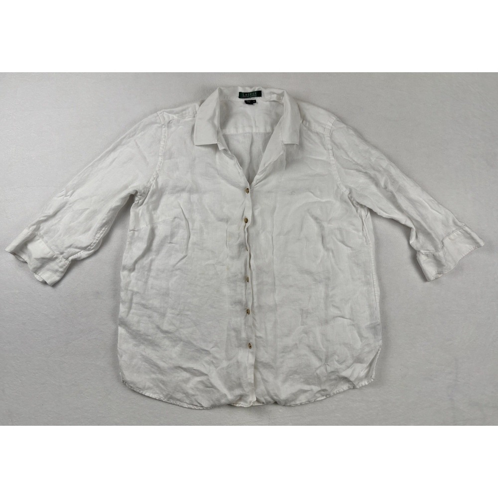 Lauren Ralph Lauren Women's White Linen Button Up Shirt 1X Herringbone